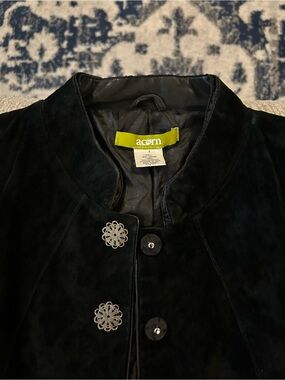 Acorn Black Suede Button-Front Suit Jacket. 100% Genuine Leather
